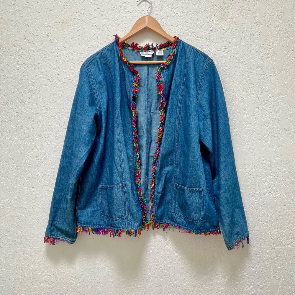 VTG Breckenridge Chambray Jacket Fringe Trim Colorful Blue Eclectic Retro